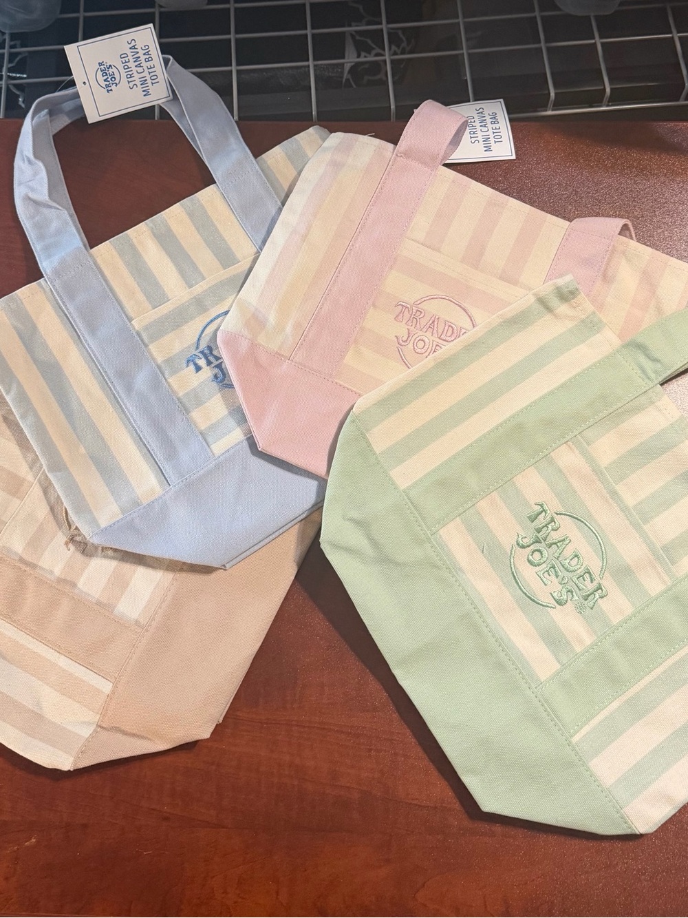 NWT Trader Joe's Pastel Stripe Mini Tote Bag. Set of 4 Pink, Blue, Green & Tan